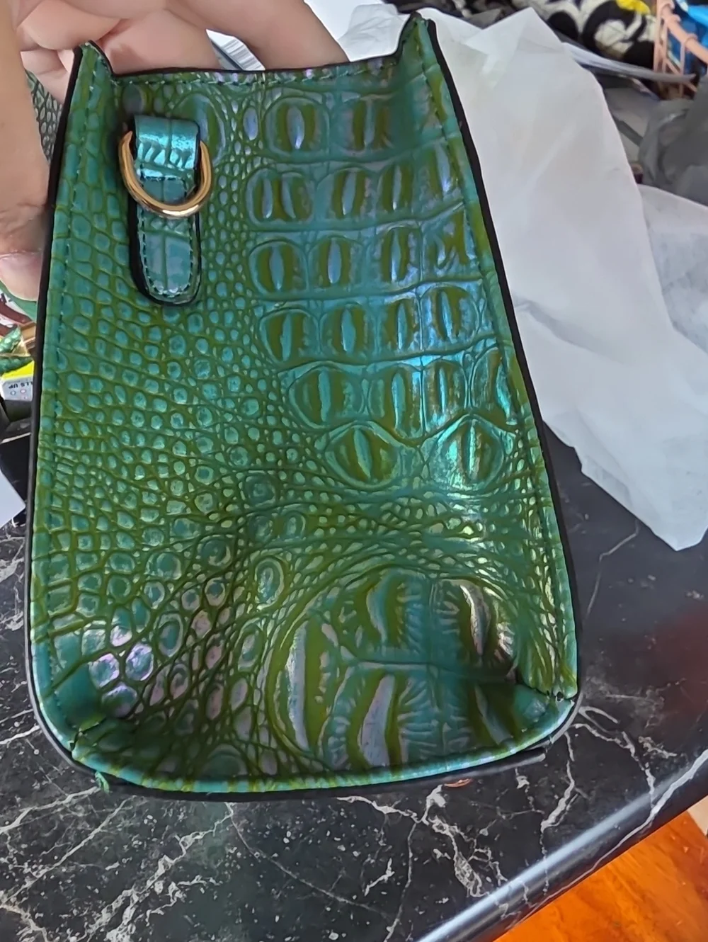 Iridescent Green Croc-Embossed Top-Handle Bag
